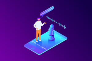 representation of voice search - man standing on a phone